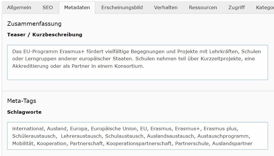Das Bild zeigt eine Backend-Seite, auf der der Kartenreiter Metadaten bearbeitet wird.