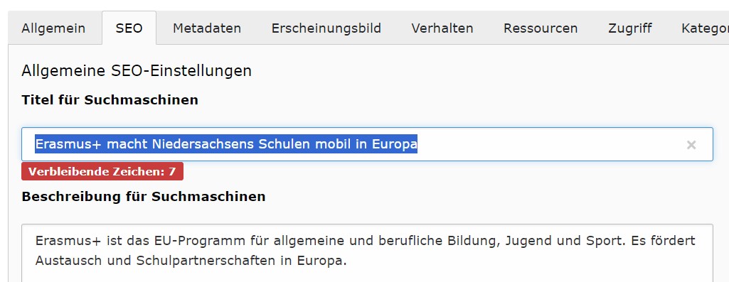 Das Bild zeigt eine Backend-Seite, auf der der Kartenreiter SEO bearbeitet wird.