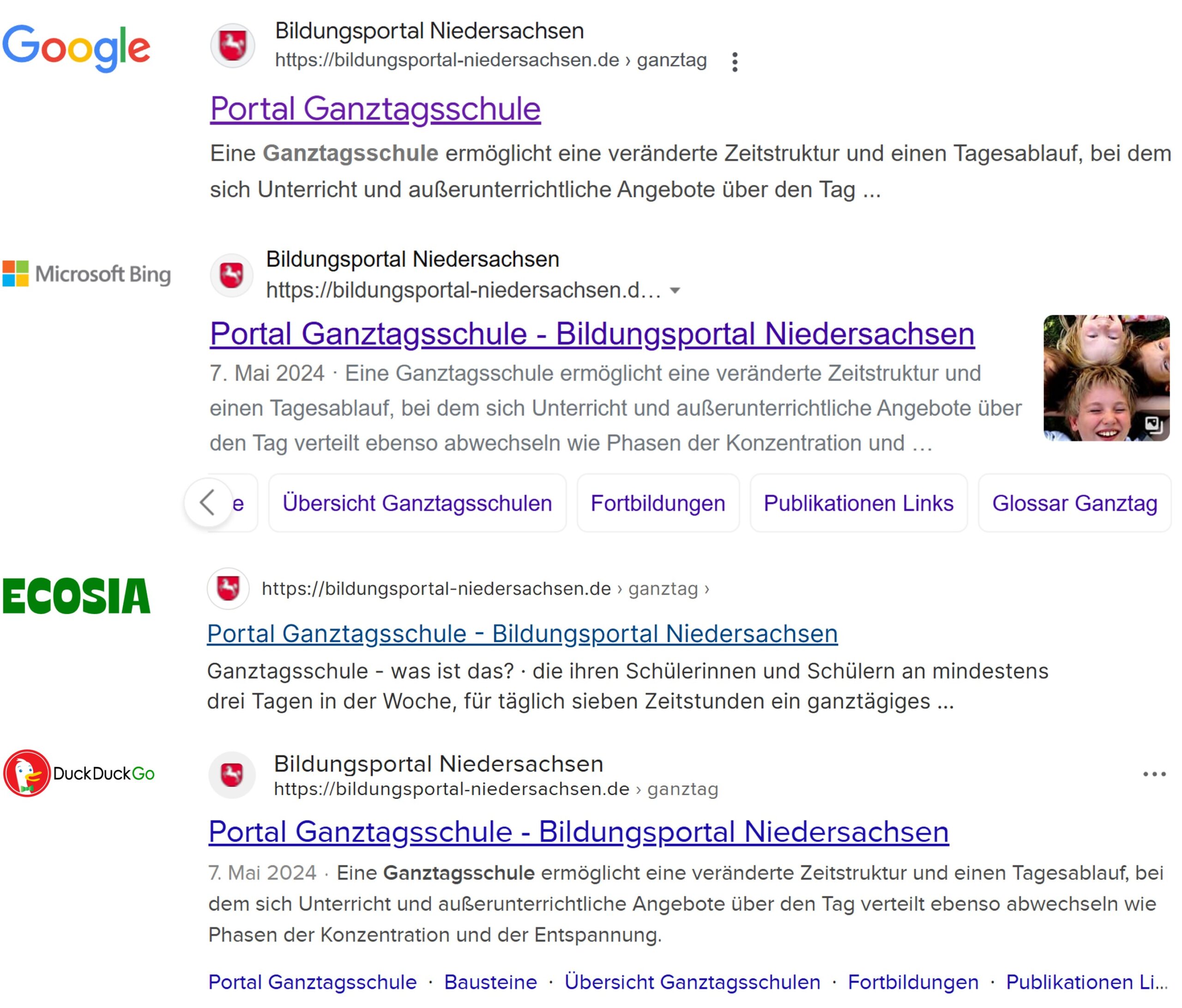 Das Bild zeigt eine Collage von Suchergebnissen aus Google, Bing, Ecosia und DuckDuckGo am Beispiel der Suchbegriffe Ganztagsschule Niedersachsen