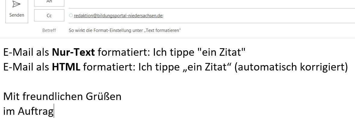Der Screenshot zeigt Anführungszeichen in einem E-Mail-Programm