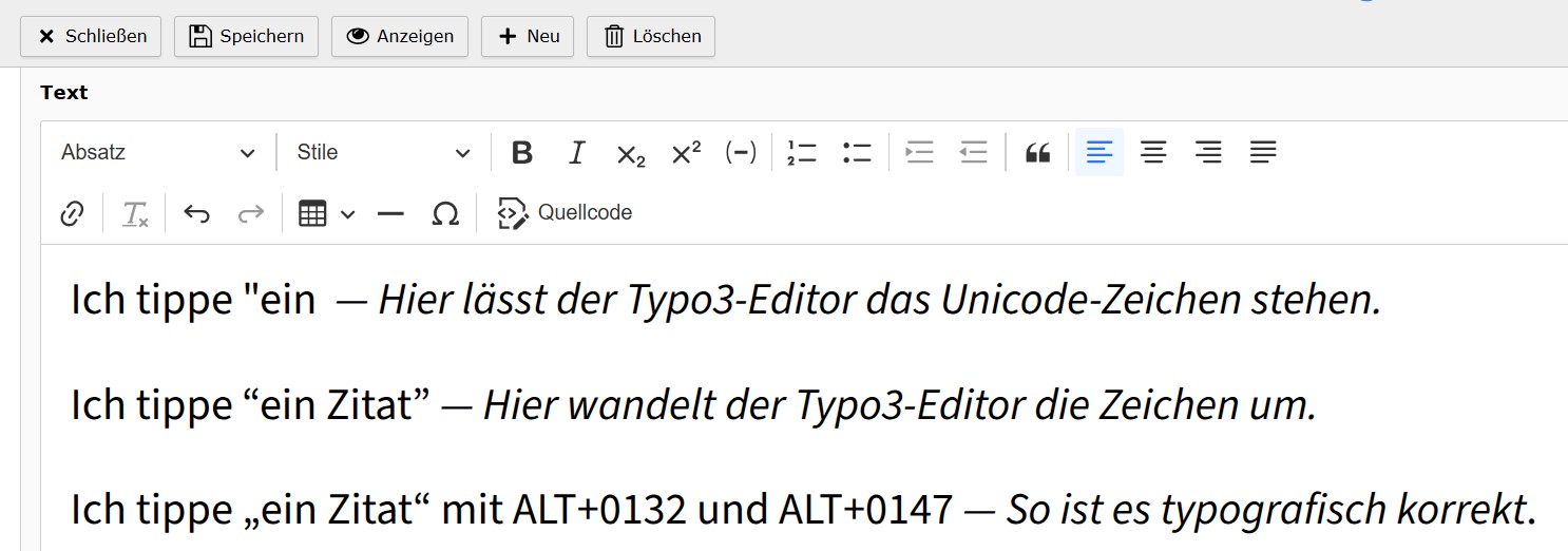 Der Screenshot zeigt richtige und falsche Anführungszeichen im Typo3-Editor
