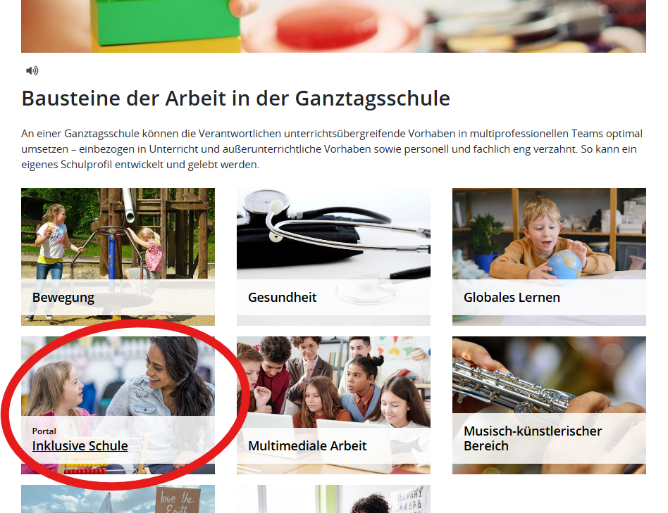 Screenshot: Ganztags-Portal verlinkt zum Nachbarportal Inklusive Schule