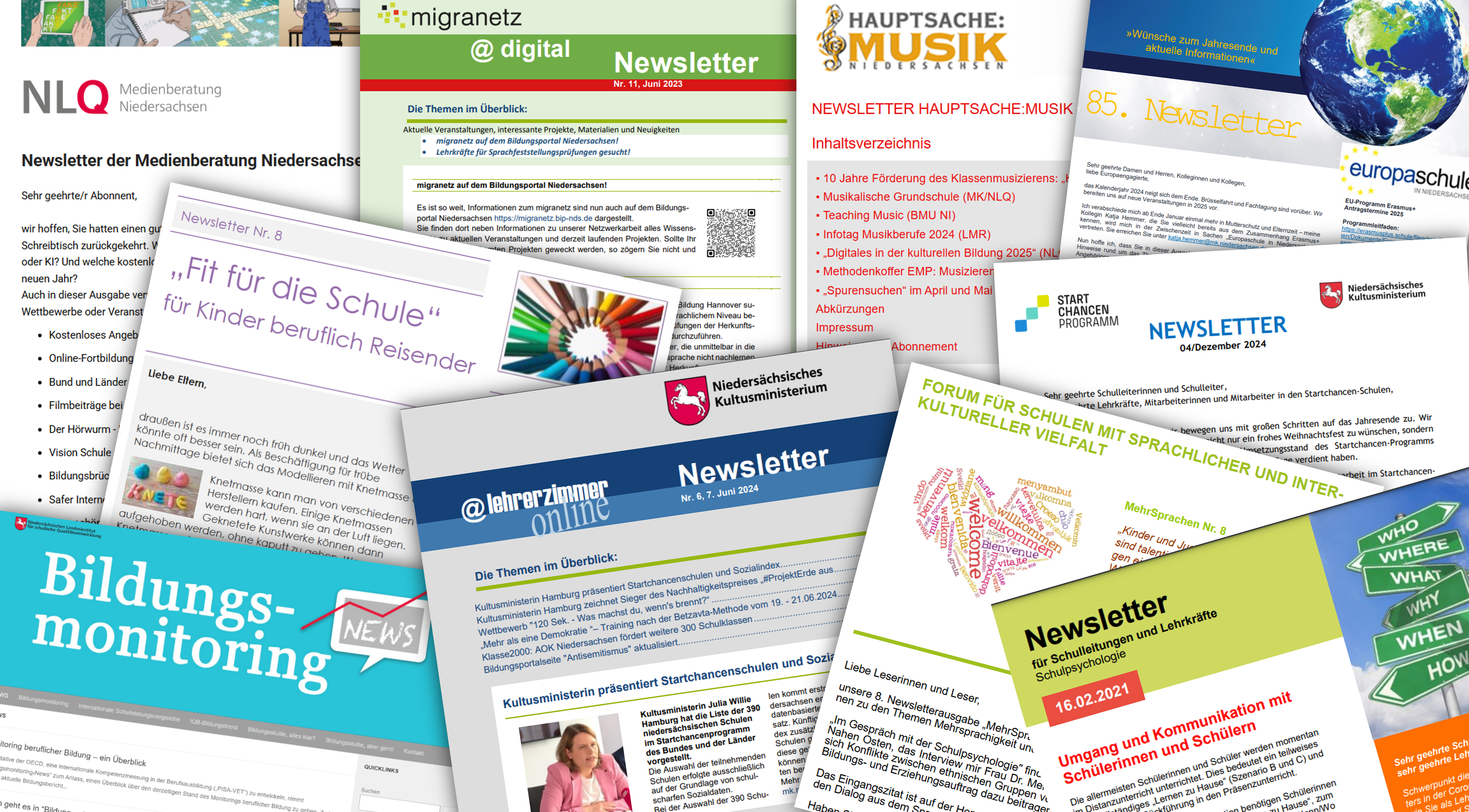 Eine Collage aus Newsletter-Ausgaben aus dem Geschäftsbereich des Kultusministeriums
